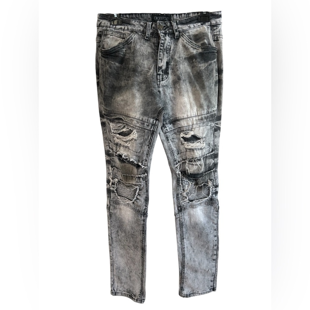 Encrypted Grey Distressed Skinny Jeans Biker Grunge Streetwear 34x32